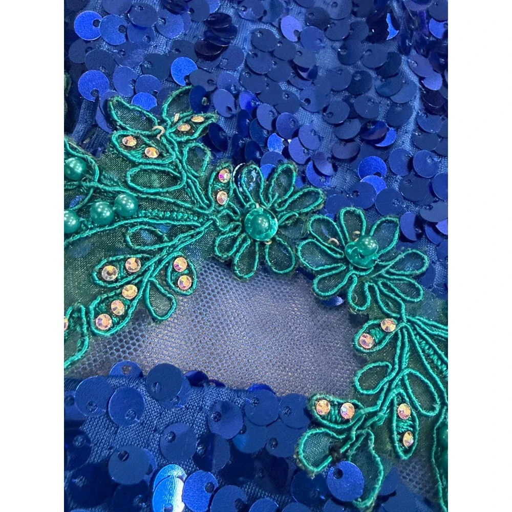 Weissman Blue Sequin Dance Costume Small Adult Teal Beaded‎ Competition Dress